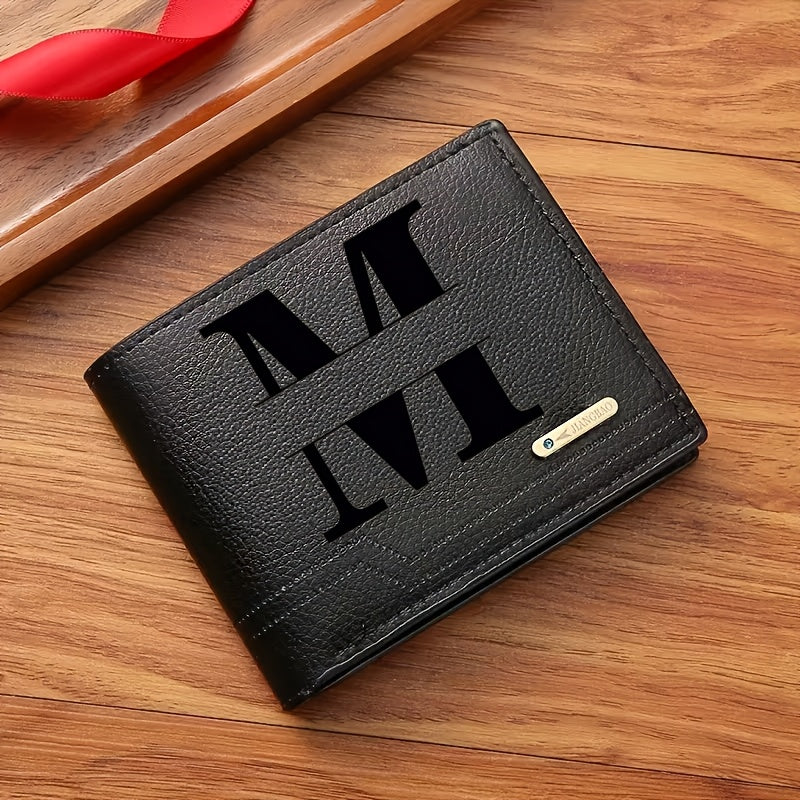 1pc Men's Business Style Faux Leather Wallet, Customizable Text and Initials, Solid Color Faux Leather with Contrast Accents, Compact Short Bifold Design for Easy Carrying - Perfect Birthday Gift for Boyfriend and Father, Per