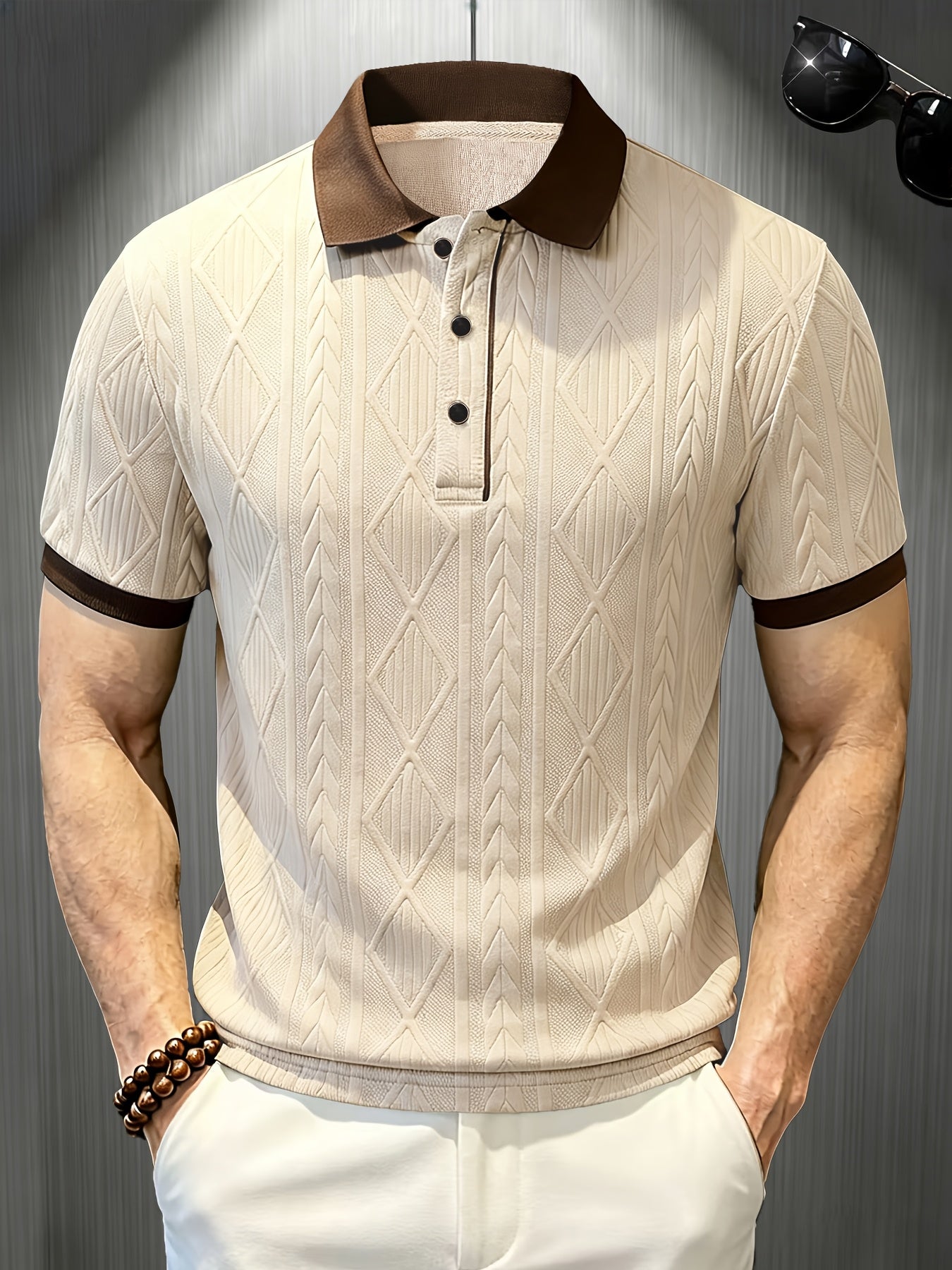 Men's Casual Polo Shirt with Breathable Jacquard Fabric