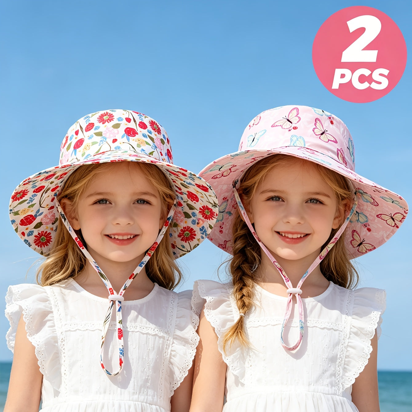 Girls' Floral Wide Brim Bucket Hats with Windproof Cord - 2pcs