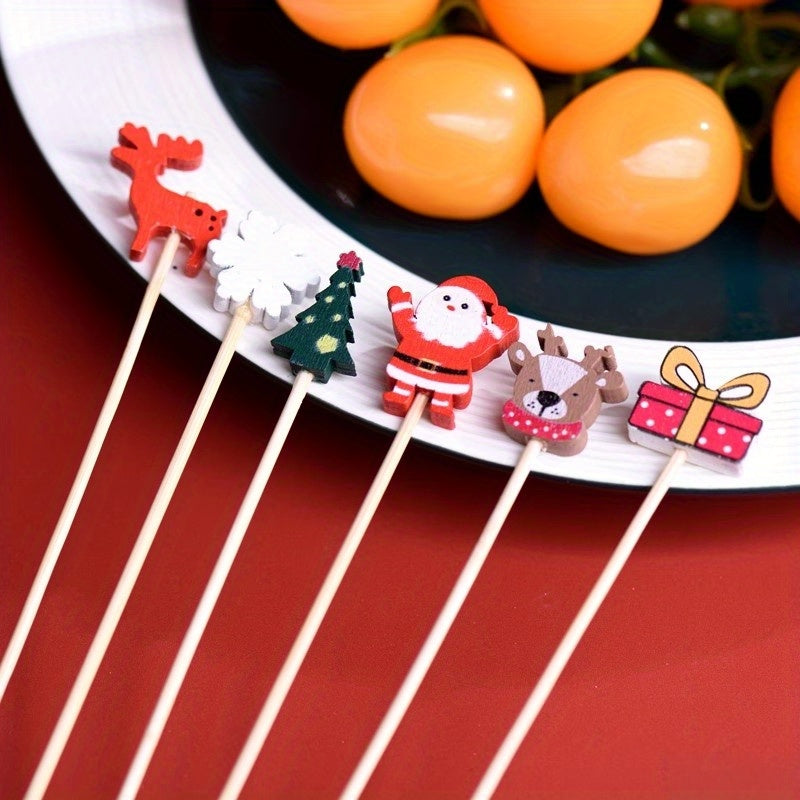 100pcs Festive Christmas Fruit Skewers with Santa, Reindeer, Snowflake & Tree Designs - Disposable Bamboo Picks for Parties, Desserts, Cocktails & Hamburgers, Christmas Dessert Decorations, Durable Fruit Skewers
