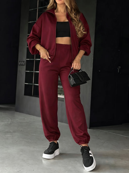 Women's Burgundy Hooded Zip-Up Sweatshirt & High-Waist Jogger Set - ayq