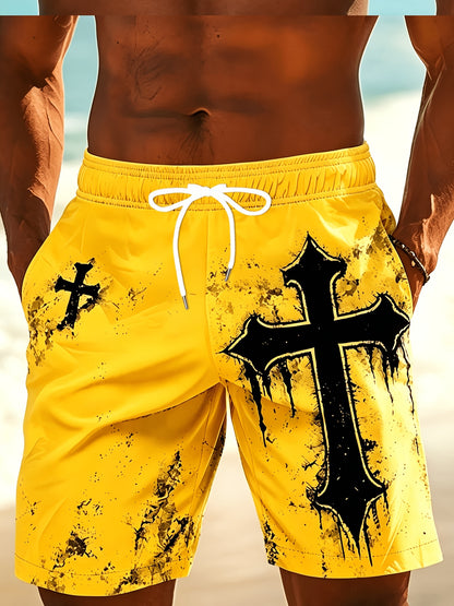 Men's Casual Beach Shorts with Cross Pattern and Drawstring