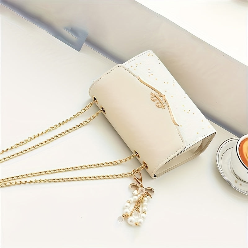 Elegant Bohemian Beige Crossbody Bag with Tassel Charm - Chic Urban Flap Shoulder Bag with Golden Chain Strap, Lightweight & Portable for Shopping, Office, College, Travel - Perfect Gift for Women, Occasion Theme, Valentine'S
