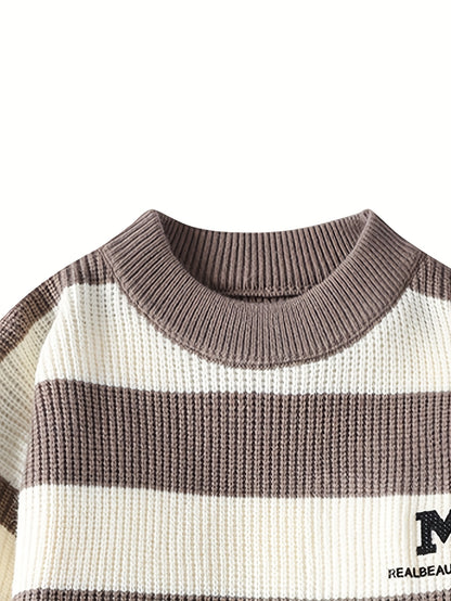 Men's 2025 Autumn/Winter Striped Sweater for Youth with Color Block Round Neck Casual Warm Knitwear
