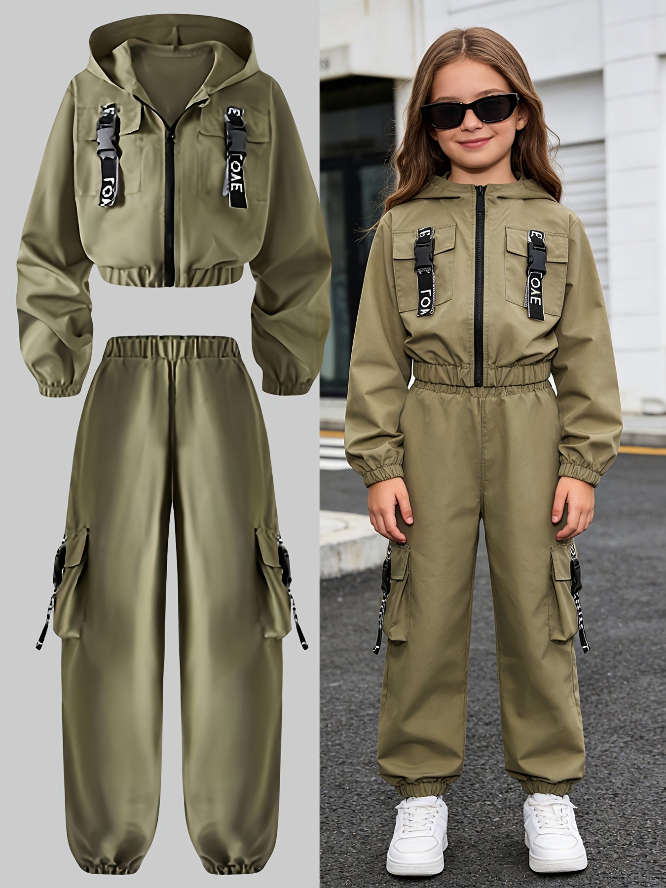 Girls' 2-Piece Streetwear Set with Hooded Jacket & Cargo Pants
