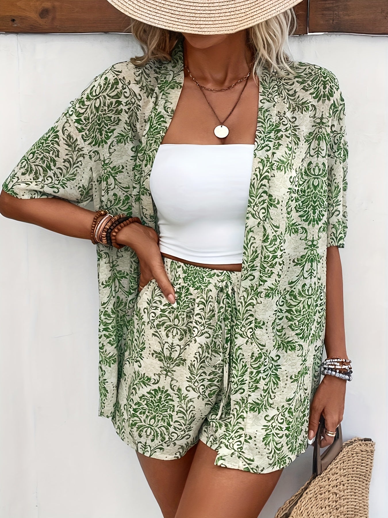 Elegant Floral Print 2-Piece Set: Cardigan, Top & Shorts for Women