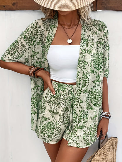 Elegant Floral Print 2-Piece Set: Cardigan, Top & Shorts for Women