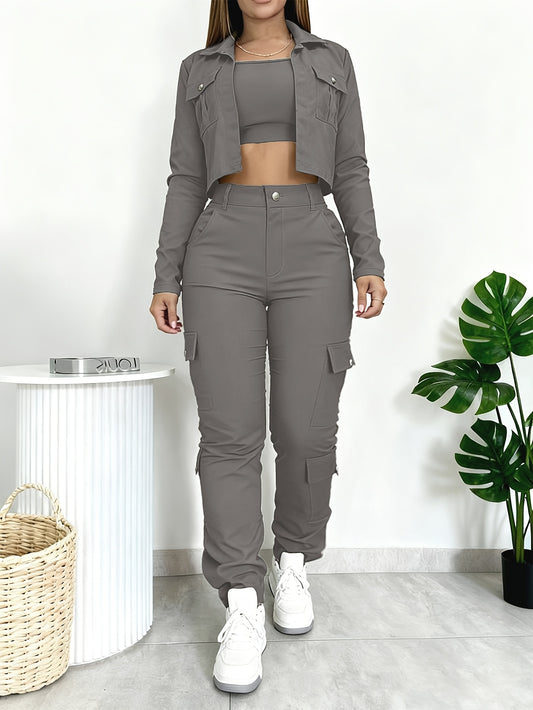 Versatile Multi-pocket Casual Workwear-style Fitted V-neck Cropped Shirt and American-style Wide-leg Pants Set, Women's 2pcs Suit