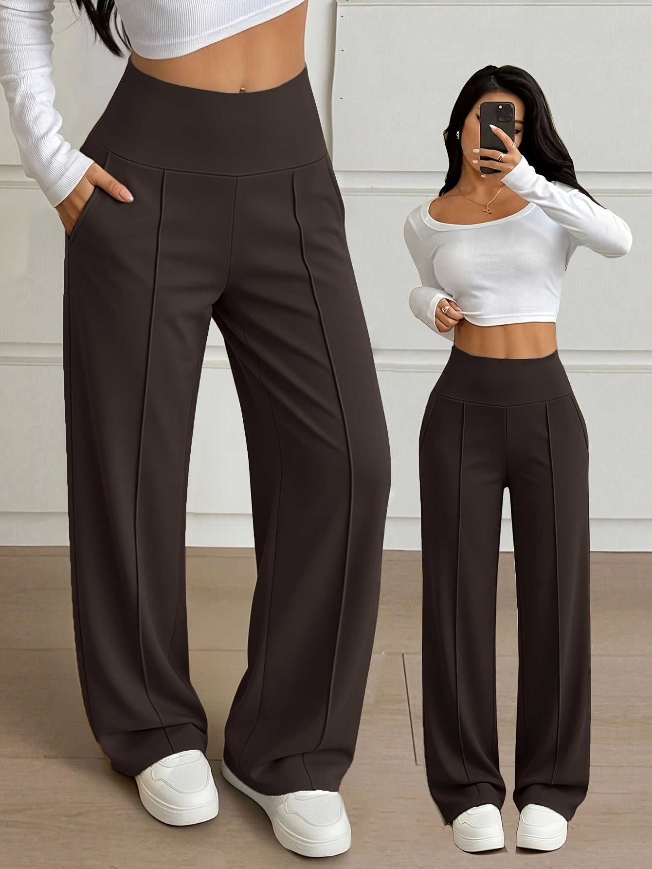 Women’s High-Waist Wide-Leg Stretch Trousers for Spring/Fall