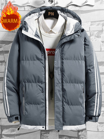 1pc Men's Heavy-Duty Winter Jacket with Hood - -Filled Coat, White & Dark Green, Golden-Zip Closure, Machine Washable, Casual Outdoor Wear (Snow, Windproof) - Regular Fit for, Skiing, Cold