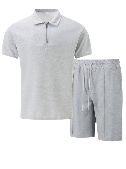 Men's Summer Casual 3-Piece Tracksuit Waffle Knit Half-Zip