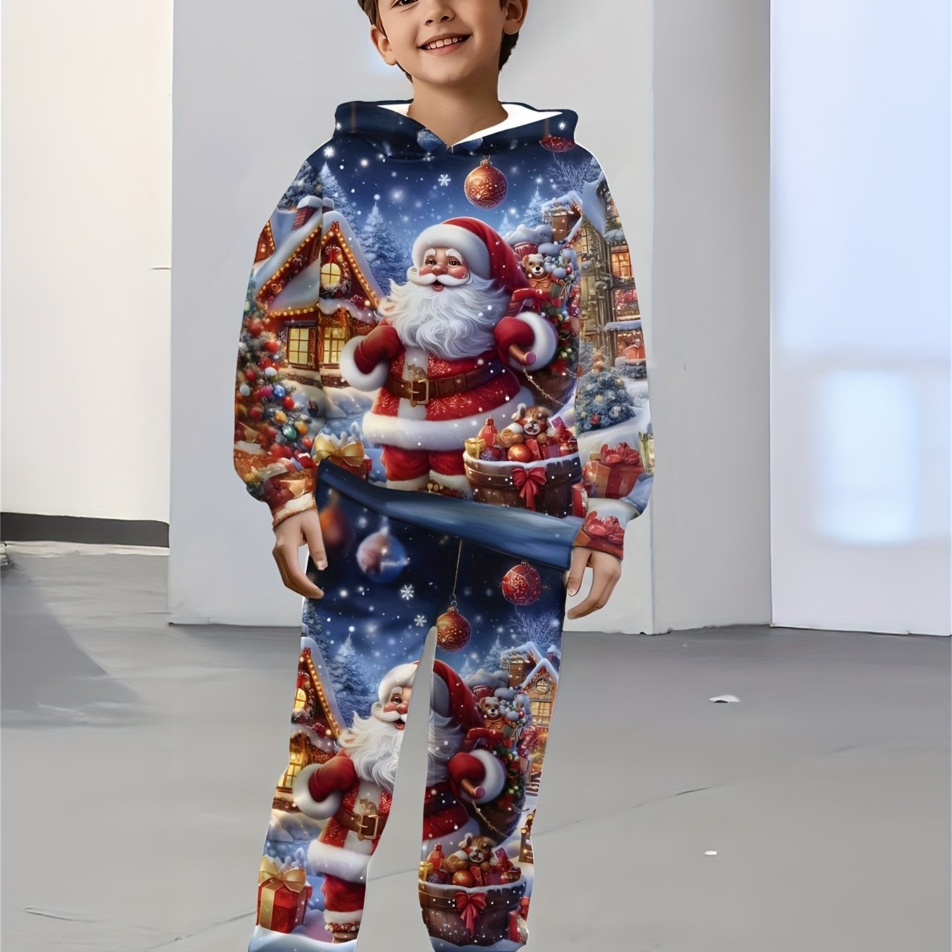 Boys' Digital Print Hooded Sweatshirt and Sweatpants Set - Christmas Hooded Pullover and Long Pants Two-Piece Set, Perfect for Outdoor