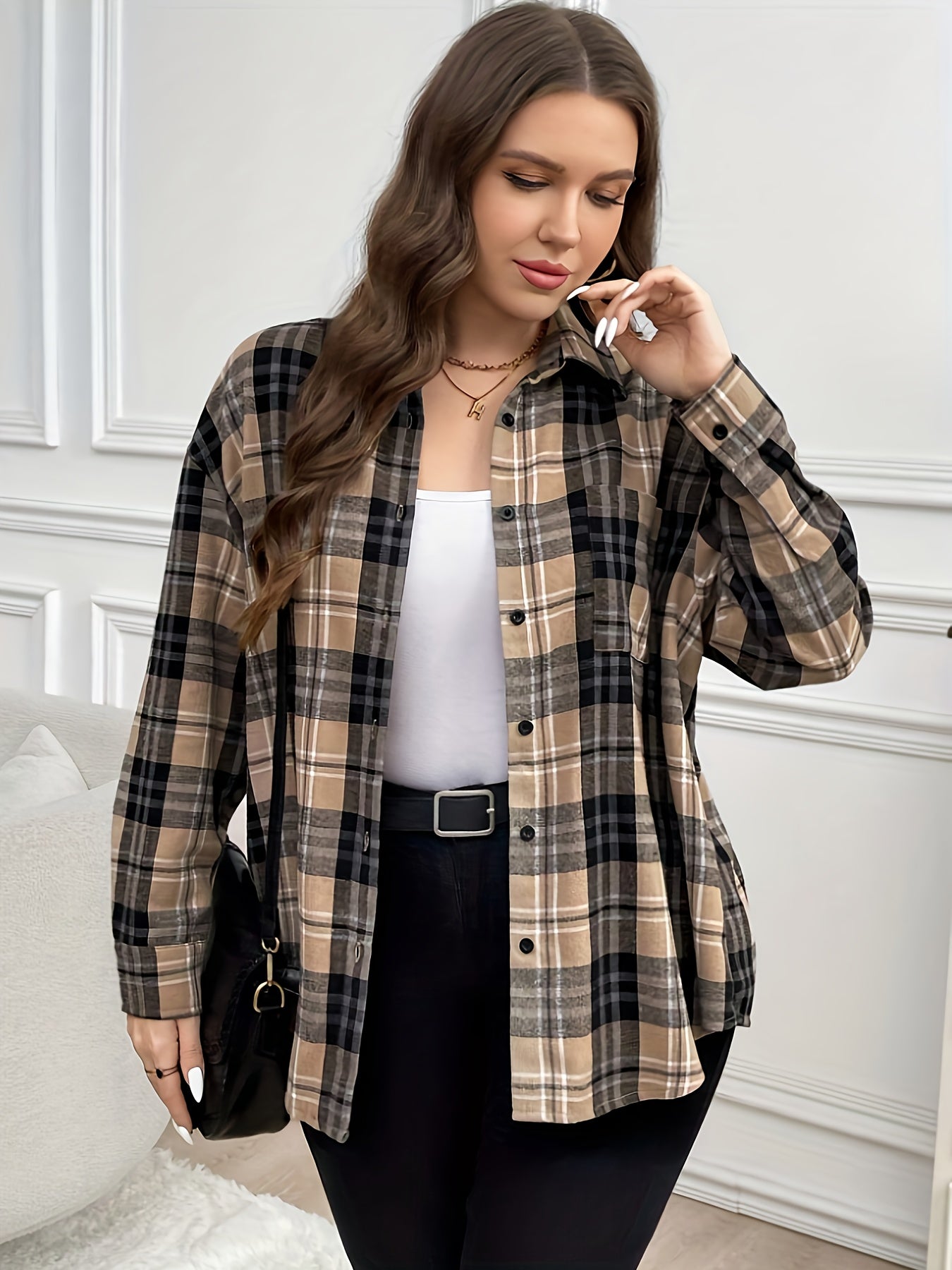 Plus Size Women's Casual Plaid Long Sleeve Shirt