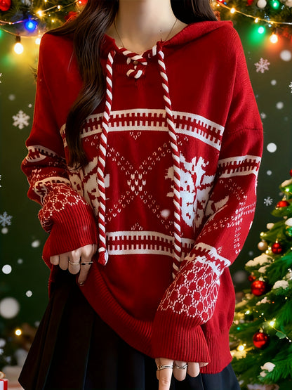 Autumn/Winter Women's Korean-Japanese Style Christmas Sweater, New Year Holiday Red Fair Isle Top, New Arrival Embroidered Stripe Embroidered Collar Adjustable Drawstring Embroidered Snowflake Pattern Thick Warm Hooded Sweats