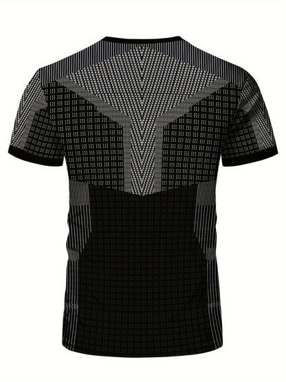 A Black And White Patterned Print Design, Men'S Sporty Fashion, Geometric Print High-Elastic Tight-Fitting Short-Sleeve Round-Neck T-Shirt, Quick-Drying Sports Top for Summer Fitness, Training, And Workout, with a Cool Feel,