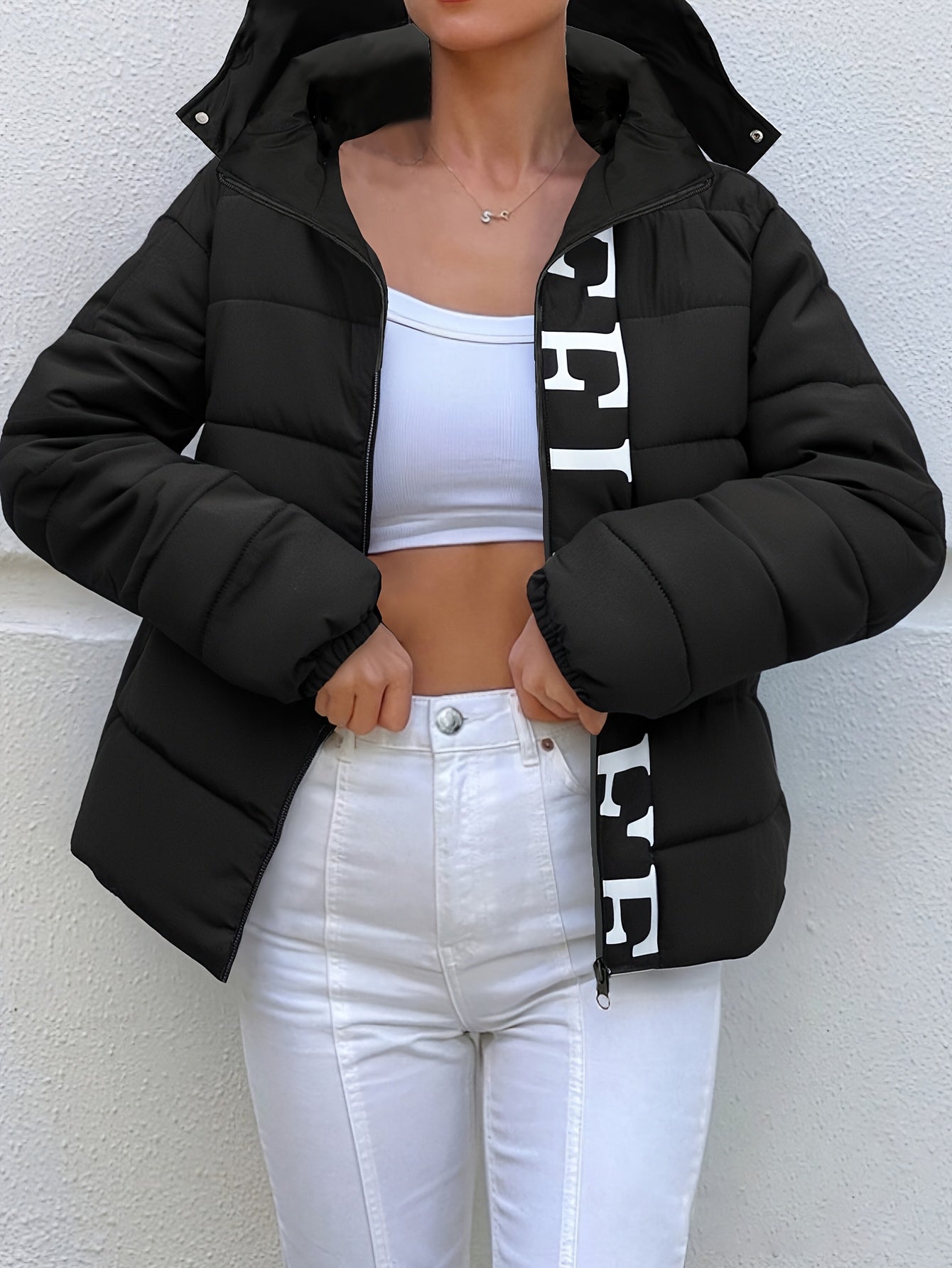 Women's Casual Hooded Jacket with Bold Letter Print, Relaxed Fit Winter Windproof Coat, 100% Polyester Zipper Pockets Mid-Length Outdoor Jacket, Machine Washable Cold Weather Clothing - Perfect Gift for Her