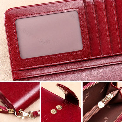 Two-Layer Cowhide Leather Clutch Wallet for Men & Women, Casual Large Capacity RFID Blocking Zippered Hand Purse with Transparent ID Slot and Anti-Theft Brush, Versatile for Going Out