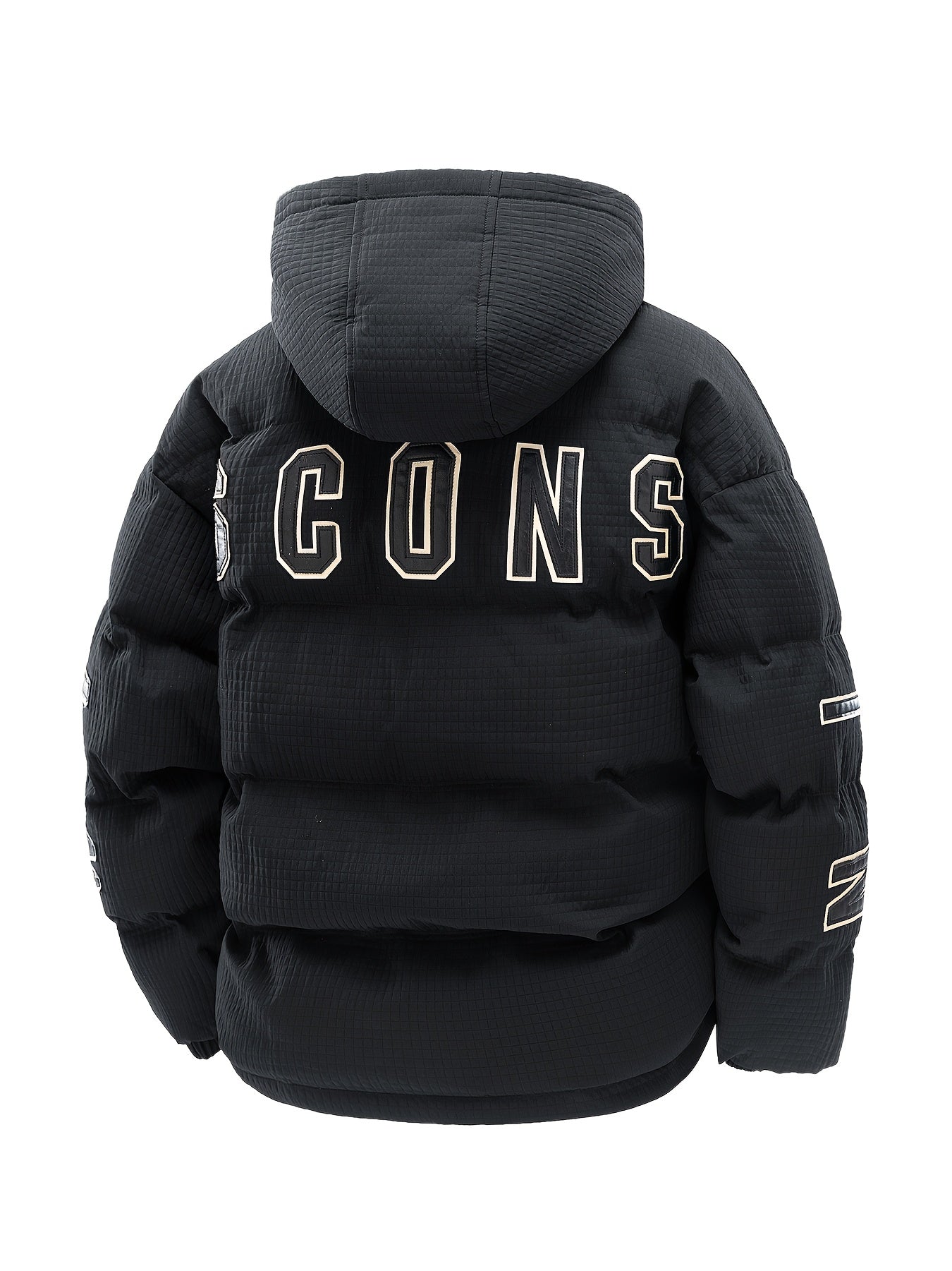 789 Men'S Stylish Thickened Winter Hooded Coat - Warm Fleece-Lined Jacket with "CONS" Letter Design, Loose Fit, White, Casual Winter Outerwear, Winter Jacket