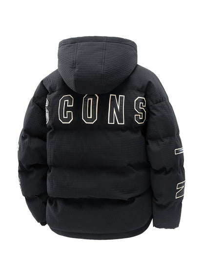 789 Men'S Stylish Thickened Winter Hooded Coat - Warm Fleece-Lined Jacket with "CONS" Letter Design, Loose Fit, White, Casual Winter Outerwear, Winter Jacket