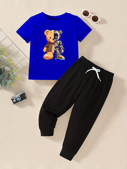 Boys' Casual Cotton T-Shirt and Pants Set with Doll Print
