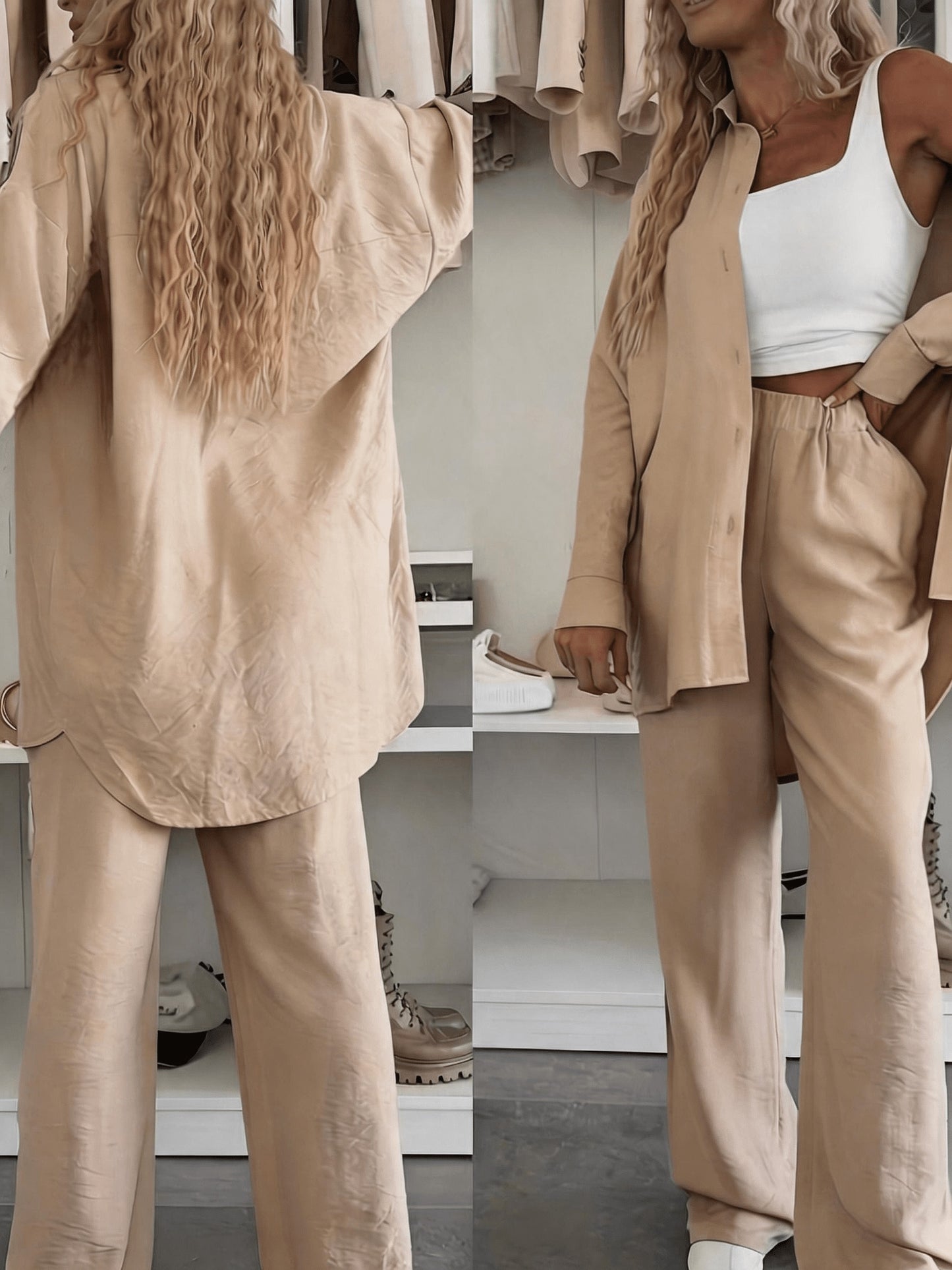 Women's Loose Shirt & Wide-Leg Pants Set - Elegant Polyester