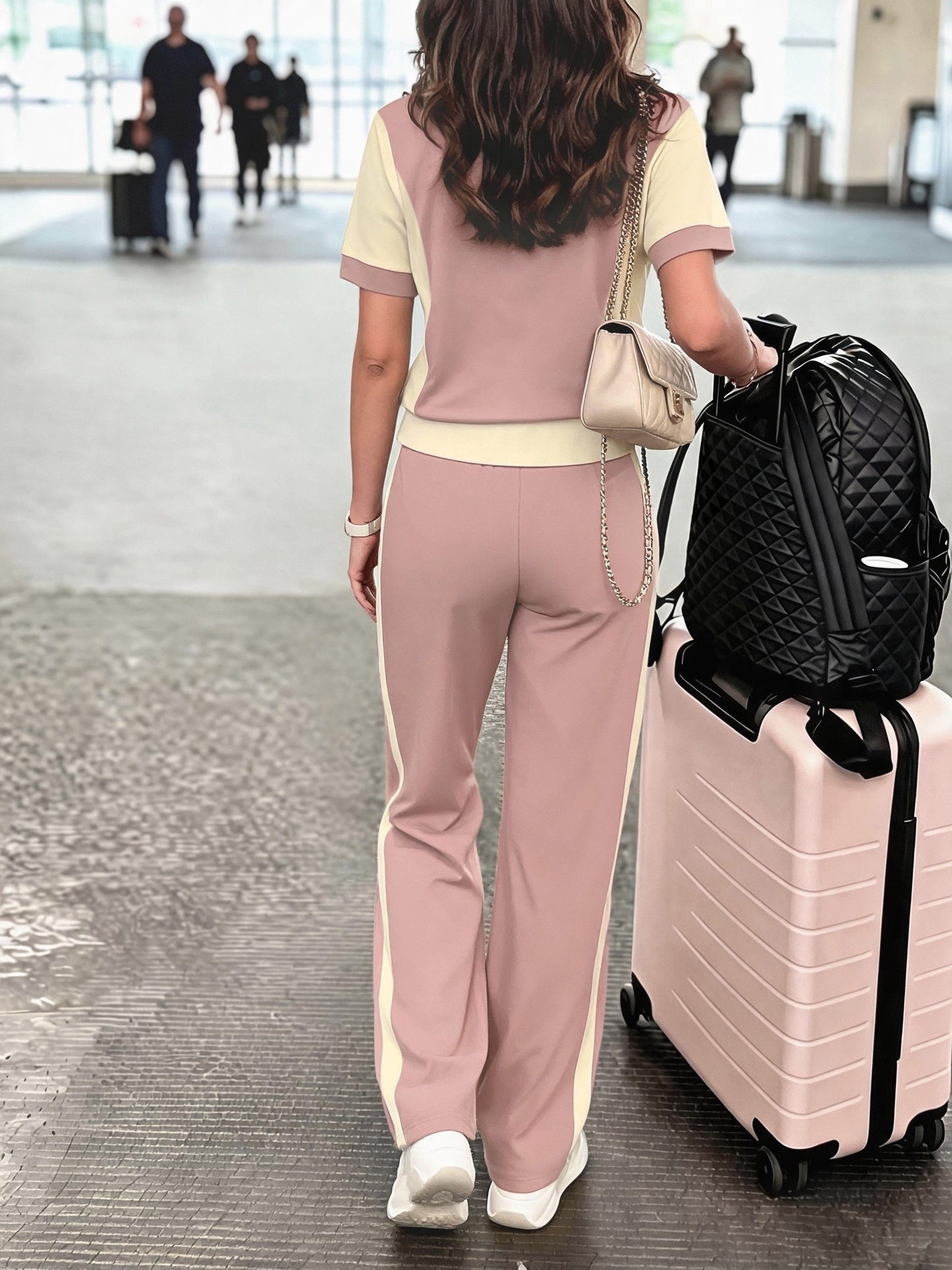 Women’s Casual Color Block Crew Neck Top & High-Waist Pants Set