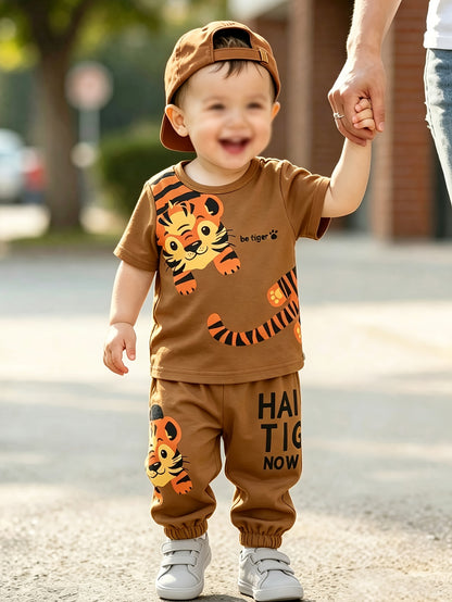 Boys' Summer Cartoon Lion Casual T-Shirt & Pants Set