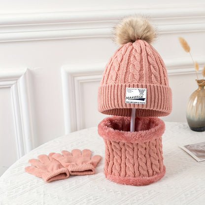 Youngsters's Autumn and Winter Warm Knitted Hat, Scarf, and Gloves Three-Piece Set for Boys and Girls - Cold Protection Outfit