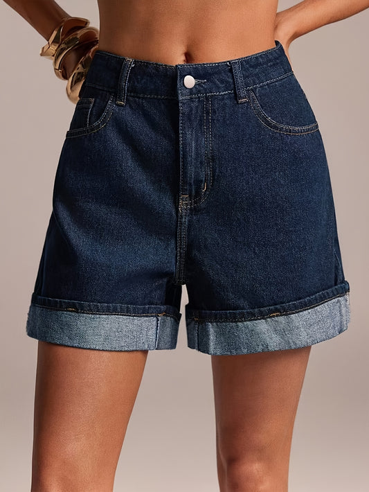 Women's Straight Cut Denim Shorts with A-Line Hem - High Stretch - ayq