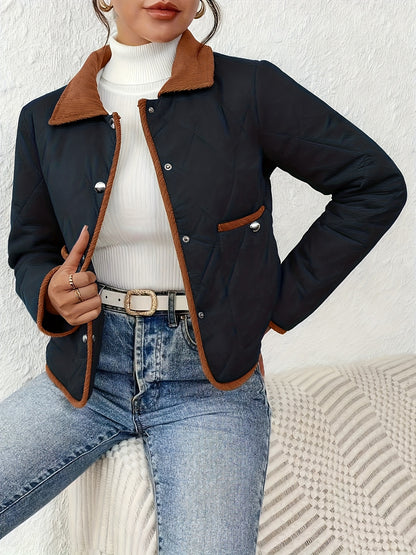 Women's Fashion Elegant Two-Tone Fabric Short Jacket, Color-Block Lapel Collar, Long Sleeve, Suitable for All Occasions, Autumn and Winter