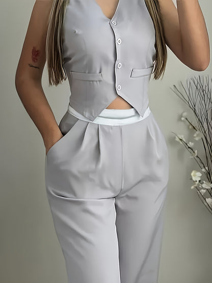 Simple and Elegant V-neck Vest with Casual Trousers 2pcs Set - ayq