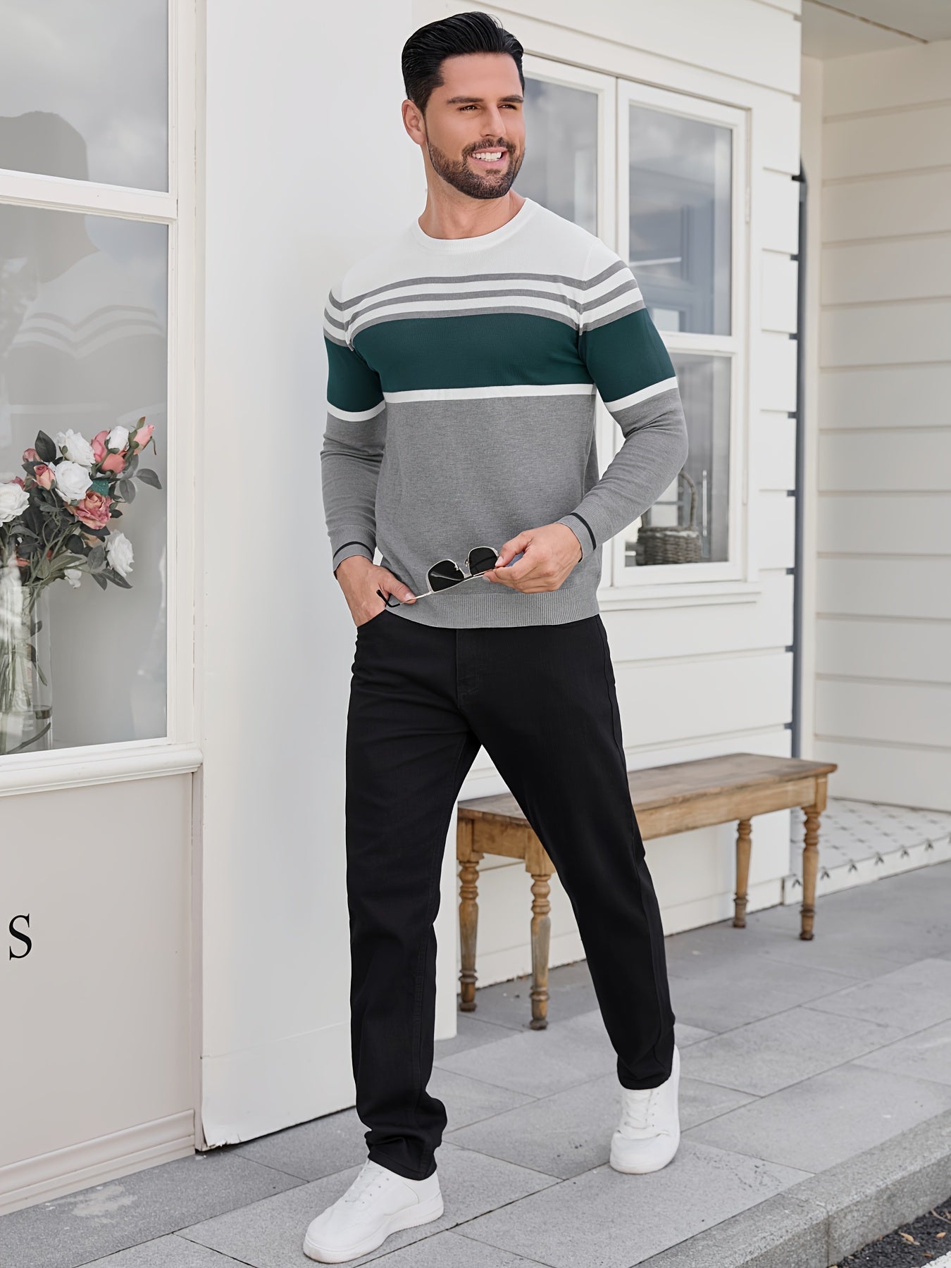 Men's Casual Comfort Knit Sweater, New Spring/Autumn Round Neck Base Layer Three-Stripe Contrast Color Pullover