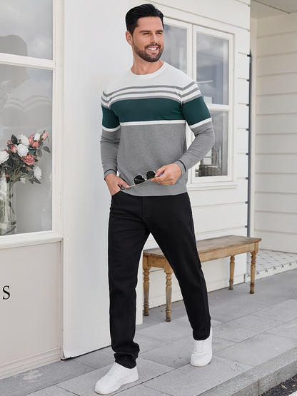 Men's Casual Comfort Knit Sweater, New Spring/Autumn Round Neck Base Layer Three-Stripe Contrast Color Pullover