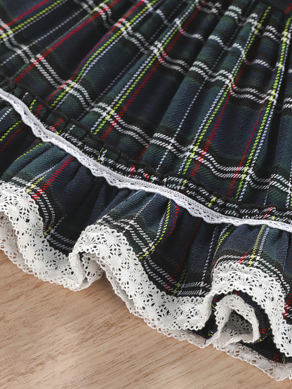 Girls' Plaid Tartan Puffed Sleeve High-Low Neck Ruffled Hem Dress with Ruffled Collar & Lace Trim - Plaid Princess Party Dress with Skirt, Machine Washable Winter Formal & Everyday Outfit for Christmas, New Year's, Easter - S