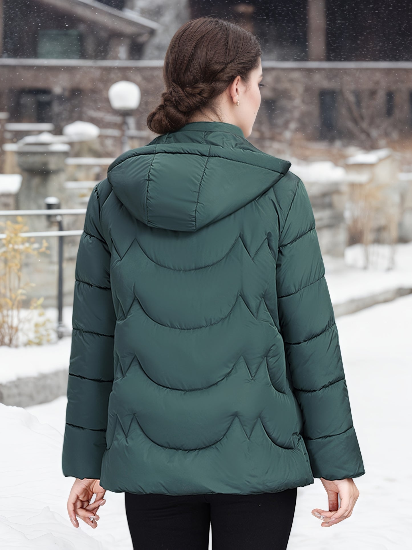 Women'S Elegant Black Winter Puffer Jacket - Long Sleeve, Zip-Up, Casual Style with Beaded Detail, Perfect for Snowy Days, Casual Winter Wear | Zippered Jacket | Functional Pockets