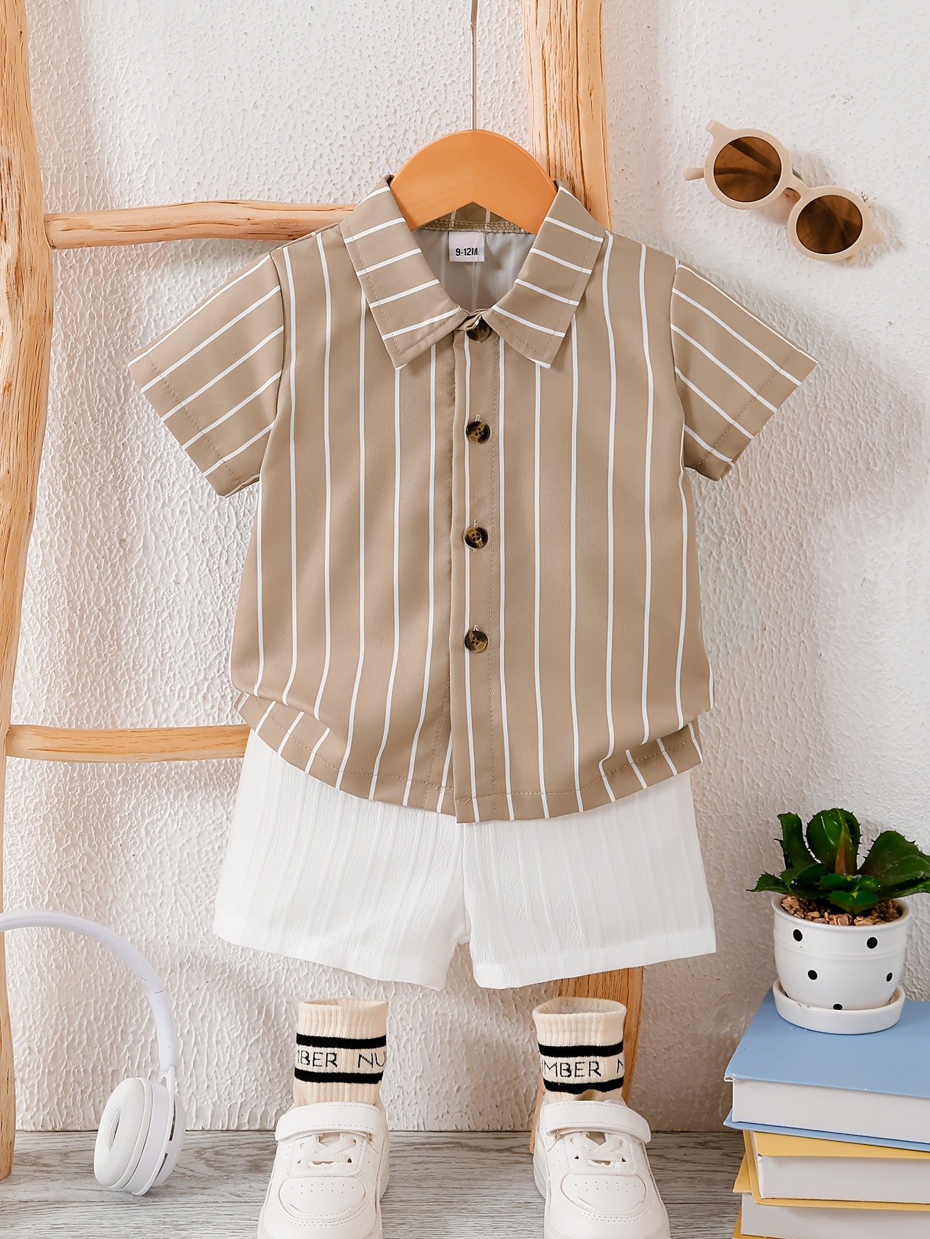 Boys' Summer Khaki Striped Shirt & Solid Shorts Set
