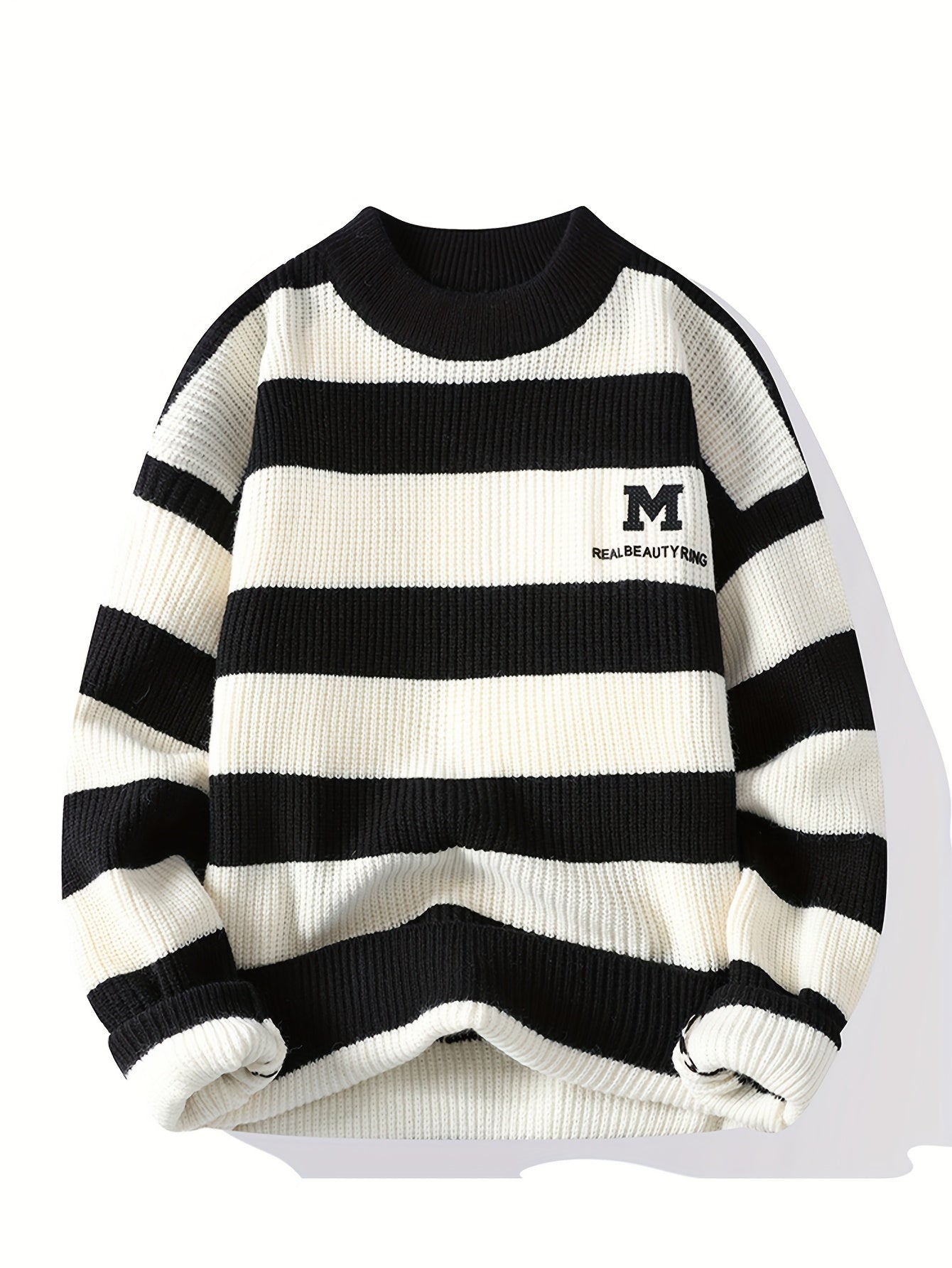 Men's 2025 Autumn/Winter Striped Sweater for Youth with Color Block Round Neck Casual Warm Knitwear