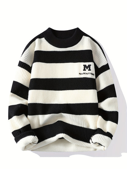 Men's 2025 Autumn/Winter Striped Sweater for Youth with Color Block Round Neck Casual Warm Knitwear