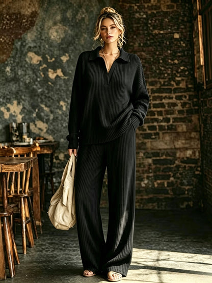 Women's Solid Color V-Neck Long Sleeve Top & Pants Set
