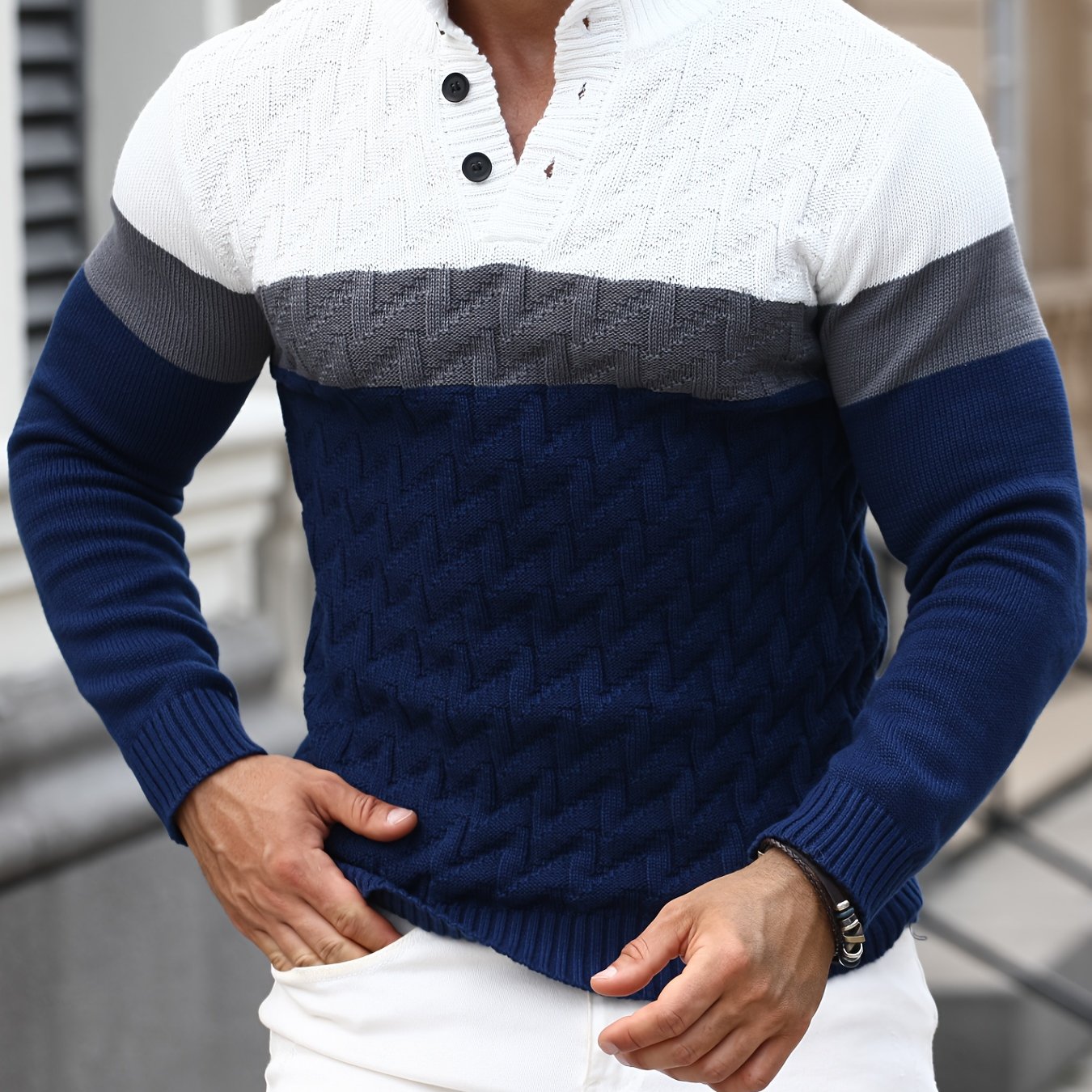 Men'S Stand Collar Pullover | Casual Fashion Quarter Button Stitching Knitwear with Geometric Pattern, Long Sleeve, Regular Fit for Fall/Winter - ayq