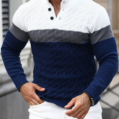 Men'S Stand Collar Pullover | Casual Fashion Quarter Button Stitching Knitwear with Geometric Pattern, Long Sleeve, Regular Fit for Fall/Winter - ayq