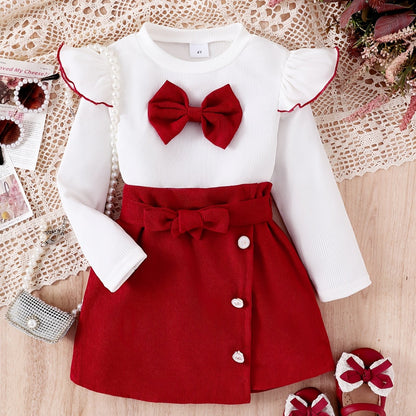 3pcs Girls' Set with 3D Bow Long Sleeve Top, Red Skirt, and Belt for Autumn