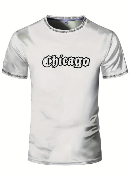 Men'S Chicago Print T-Shirt, Polyester-Spandex Blend, Crew Neck, Short Sleeve, Geometric Pattern, High Stretch, Tear Resistant, Sports  Casual Style, Summer Fit Top for Training, Yoga, Hiking  Festive Occasions