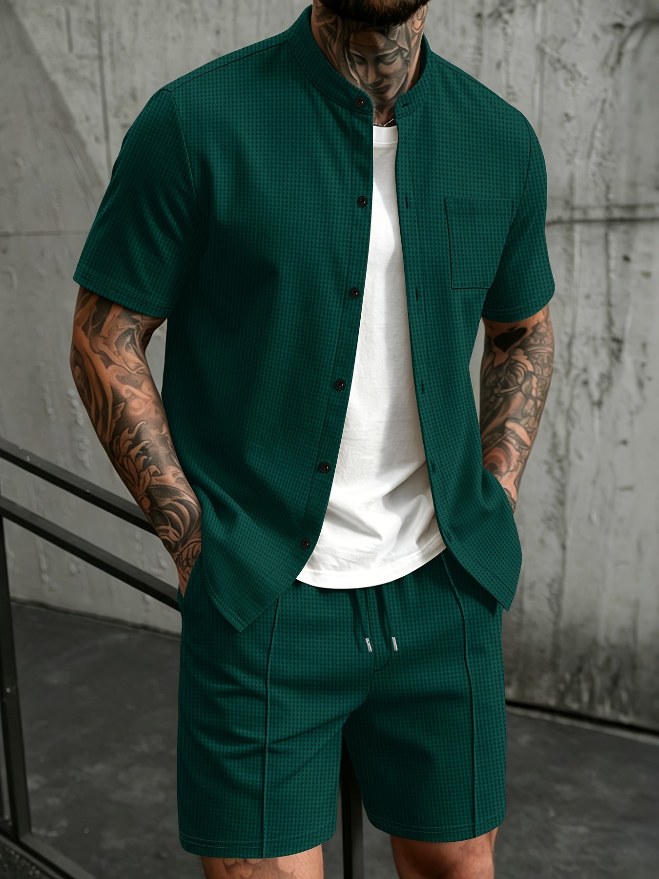 Men's Casual Mandarin Collar Short Sleeve Shirt and Drawstring Pants