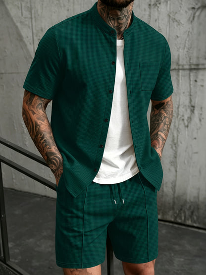Men's Casual Mandarin Collar Short Sleeve Shirt and Drawstring Pants