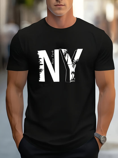 1pc Men'S Casual Cotton Blend T-Shirt with Letter Print, Round Neck, Regular Fit for Summer - Black, Navy, Red