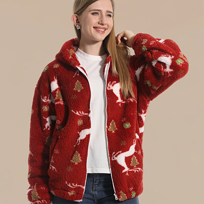 Cozy Christmas Reindeer Sweater - Red & Golden holiday Sweater with Deer, Soft Coral Fleece-like Pullover for Women & Men, Winter party Outfit, Lounge Wear - Machine Washable Cold Weather Clothing, Christmas Sweaters, Festive