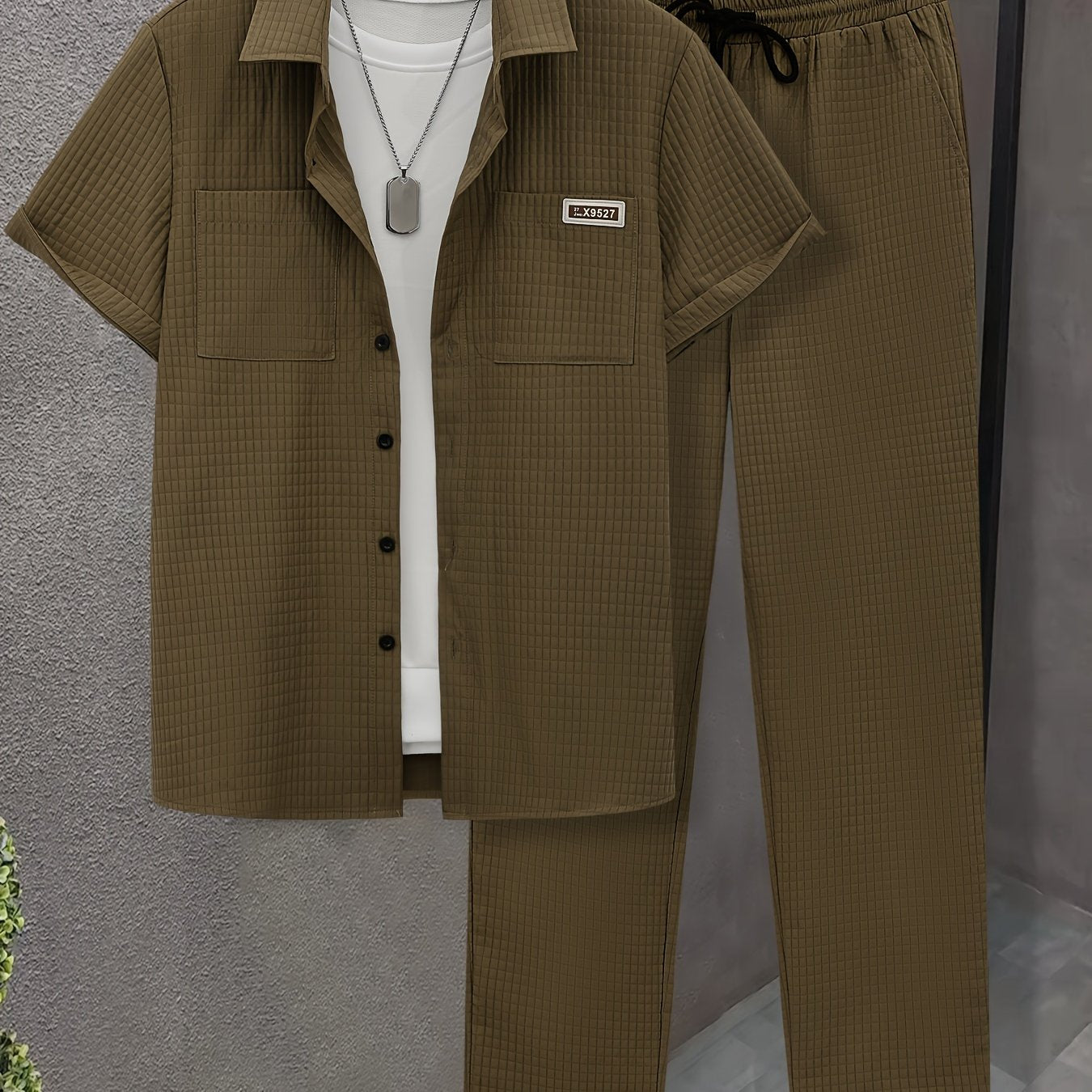 Summer Men'S Casual Bread Pattern Texture Short Sleeve Long Pants Shirt Set, 100% Polyester, Double Pocket Shirt, Turnover Woven Top Can Be Machine Washed and Dry Cleaned