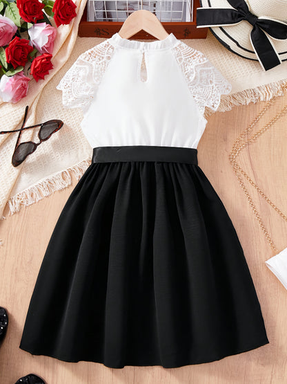 Girls' Elegant Fit & Flare Dress with Lace Bow Belt