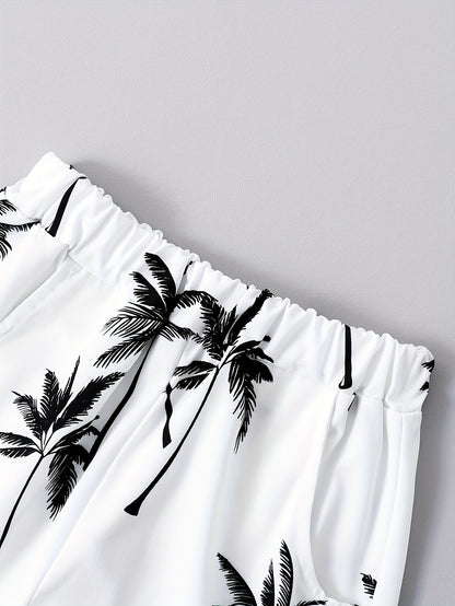 2pcs Boys Casual Coconut Tree Graphic Print Short Sleeve Lapel Shirt & Shorts Set, Comfy Summer Boys Clothing For Daily & Outdoor Wear